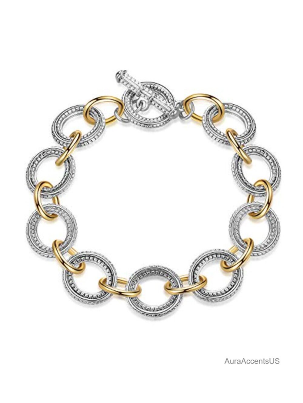 Chunky Chain Link Bracelet Two-Tone Mixed Metal Textured Toggle Clasp Bangle